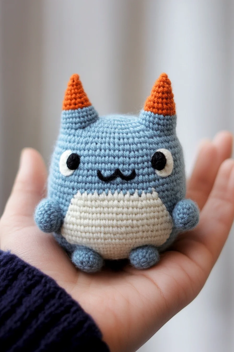 Cute blue monster amigurumi with white horns and big eyes, handmade crochet toy, kawaii crochet pattern