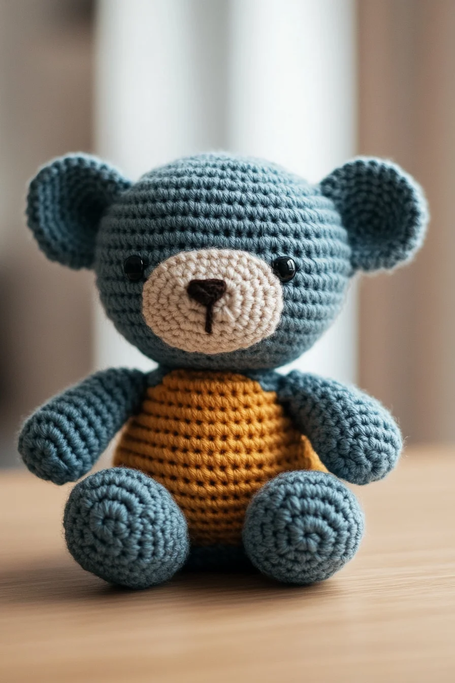 Handmade blue and mustard amigurumi bear, cute crochet animal toy, perfect for kawaii amigurumi pattern ideas