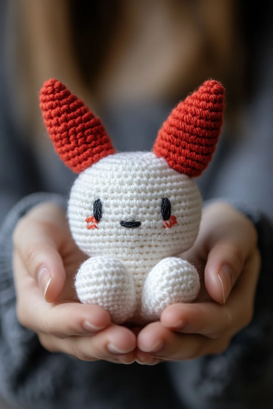 Cute amigurumi bunny crochet pattern featuring a handmade white rabbit with floppy ears and pink details