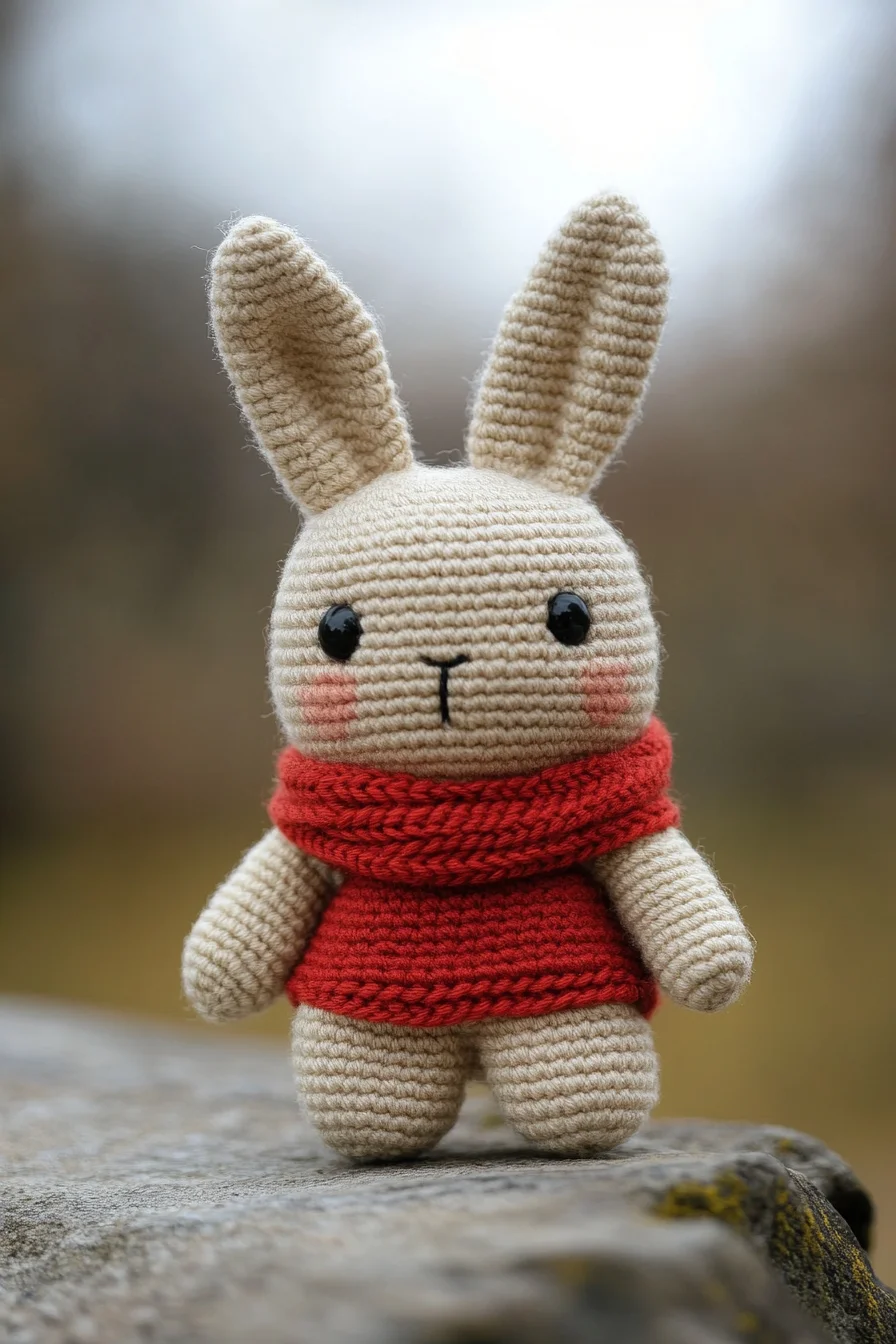 Cute handmade amigurumi bunny with red crochet scarf, white fur, and embroidered face, kawaii crochet animal toy
