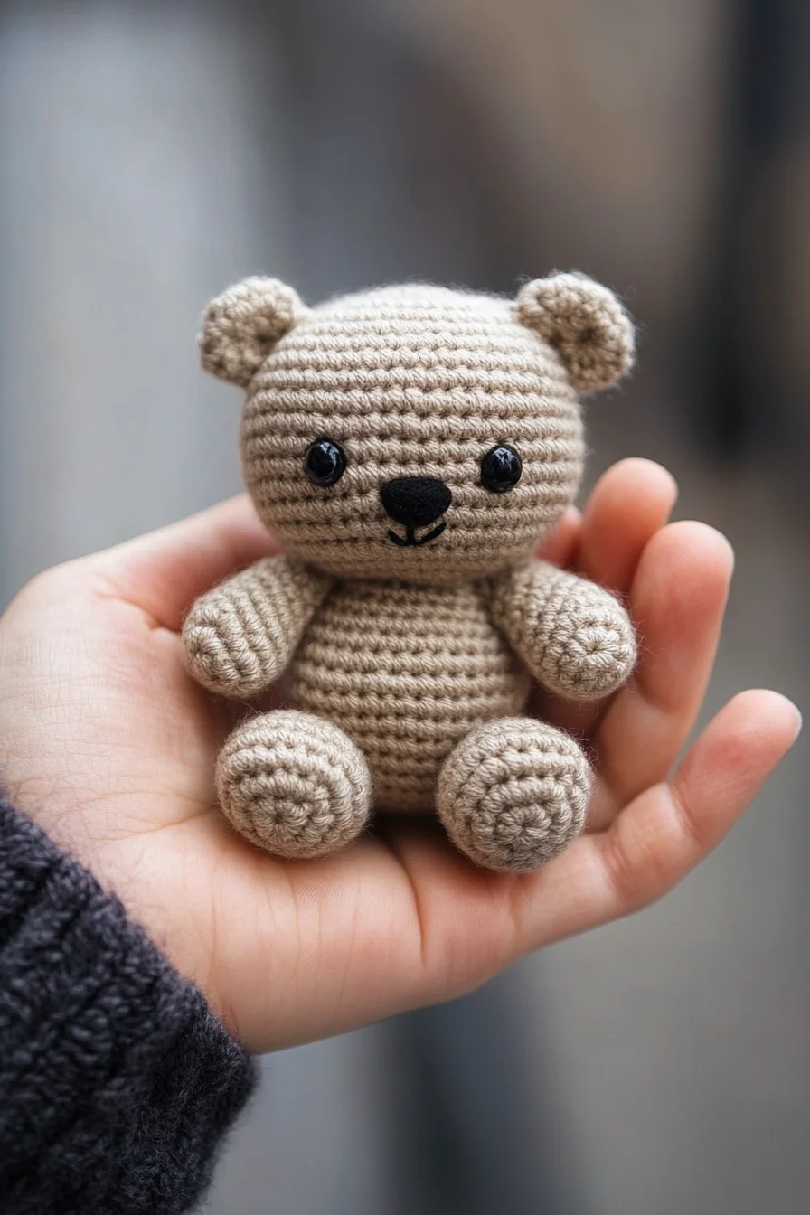 Cute handmade crochet amigurumi bear in light brown yarn, perfect for beginner amigurumi patterns and ideas