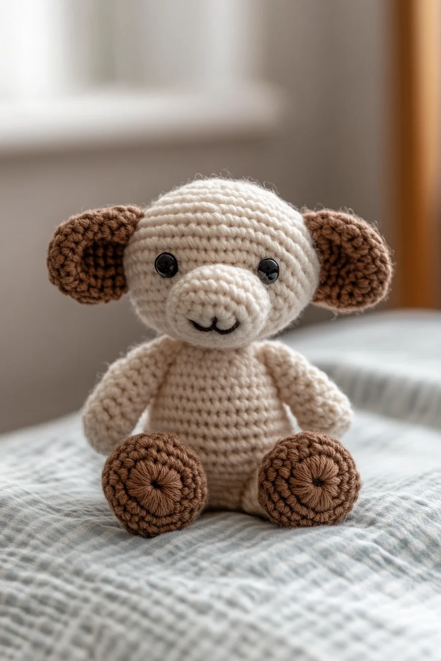 Handmade crochet amigurumi bear in soft brown yarn with white snout, a cute kawaii toy and gift idea for crochet enthusiasts