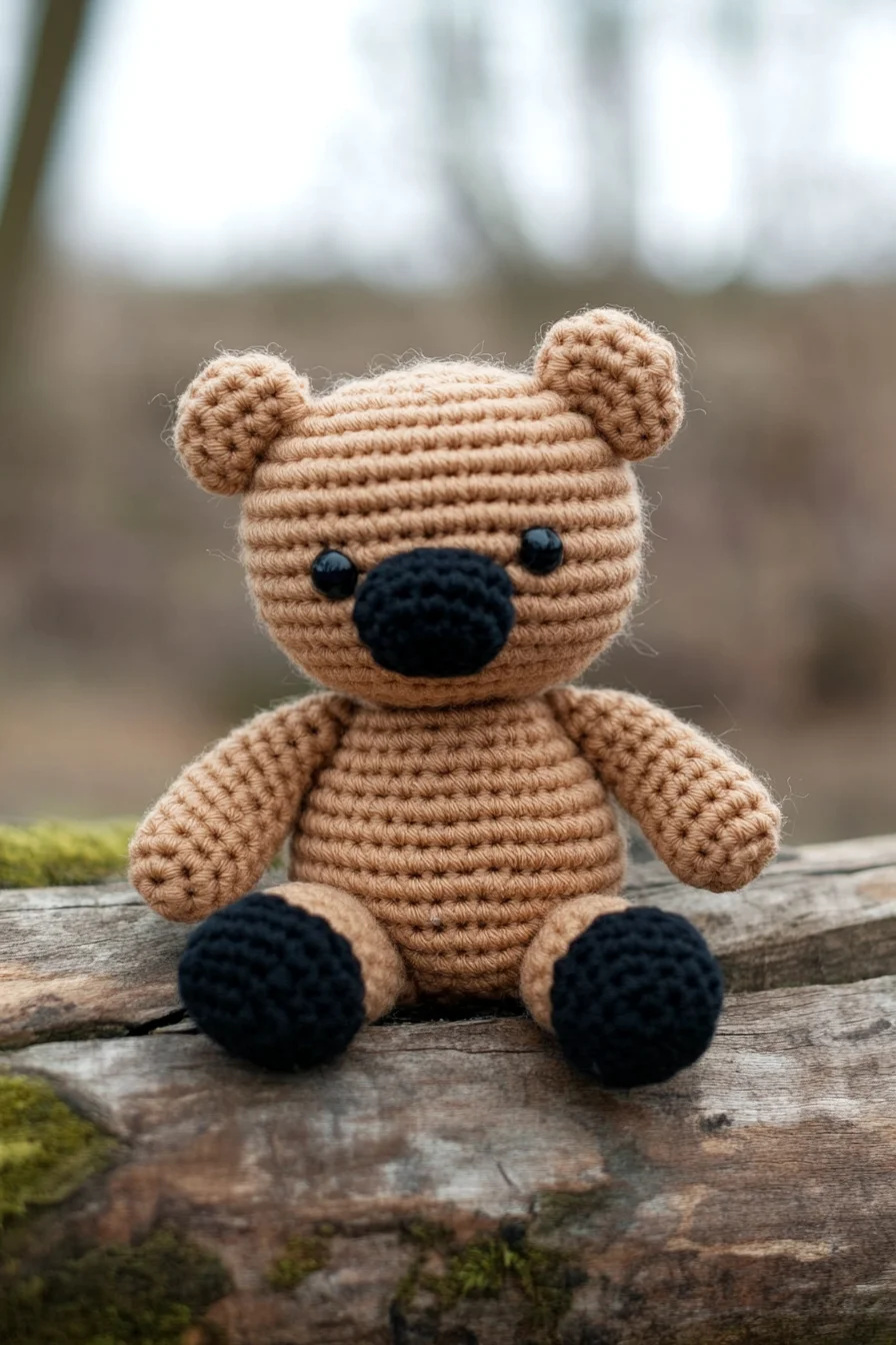 Handmade crochet amigurumi bear plush toy in brown yarn with white snout, perfect for cute amigurumi pattern inspiration