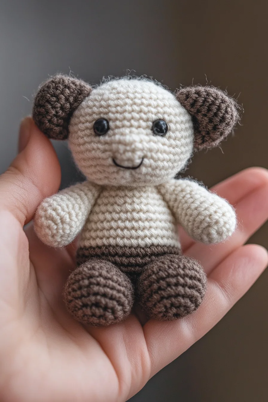 Cute crochet amigurumi bear plushie with brown yarn, black eyes, and a handmade scarf, perfect for beginner patterns