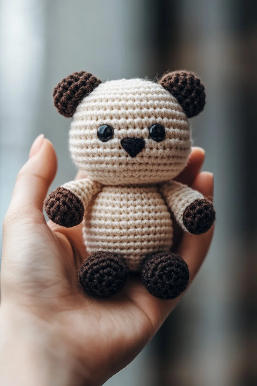 Cute handmade crochet amigurumi bear in soft brown yarn, featuring a white snout and black eyes, perfect for kawaii toy patte