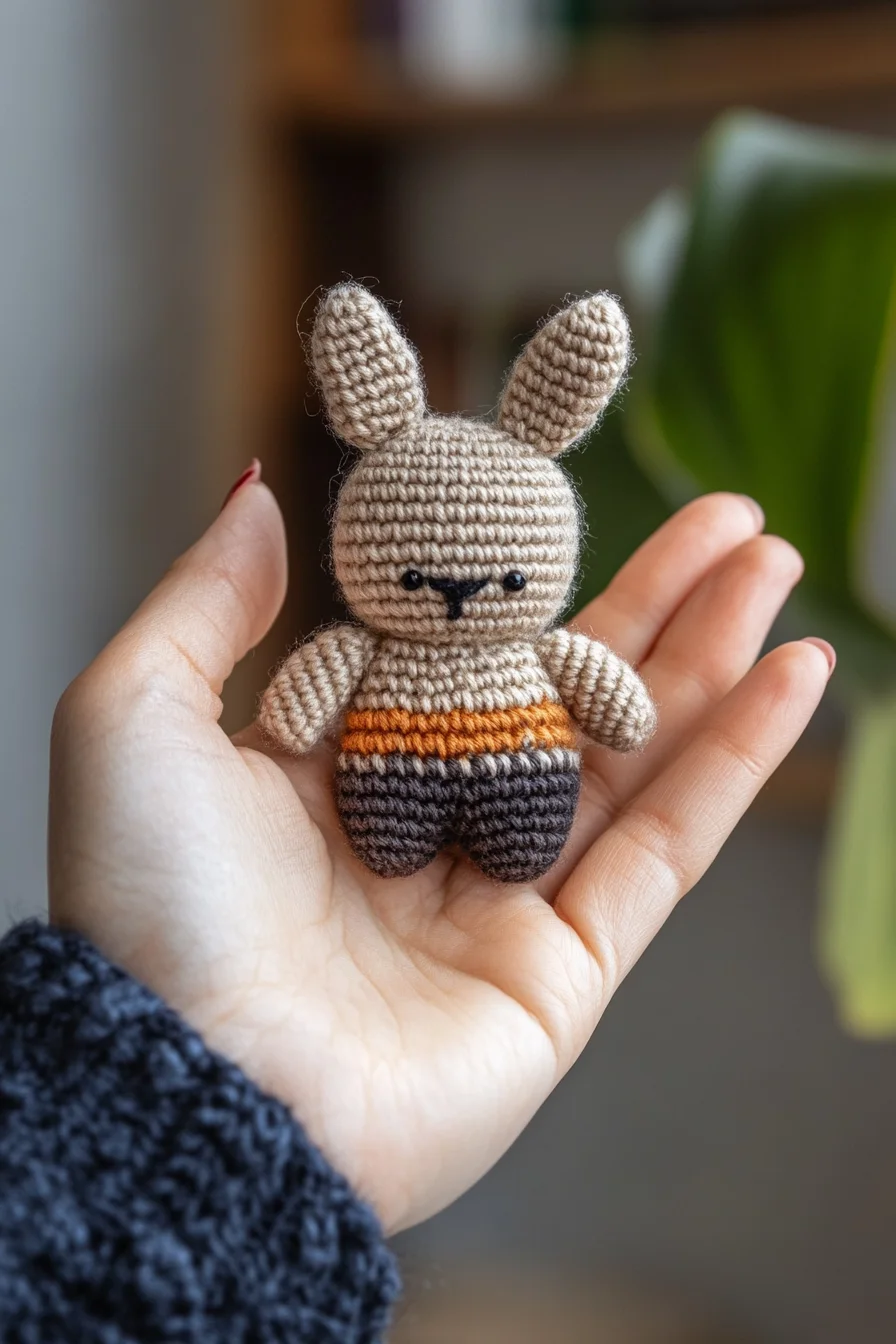 Cute crochet amigurumi bunny plushie with long ears and pink cheeks, handmade toy on white background