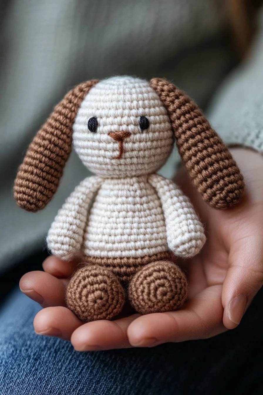 Cute handmade crochet amigurumi bunny with floppy ears and pink cheeks, perfect for kawaii amigurumi pattern ideas