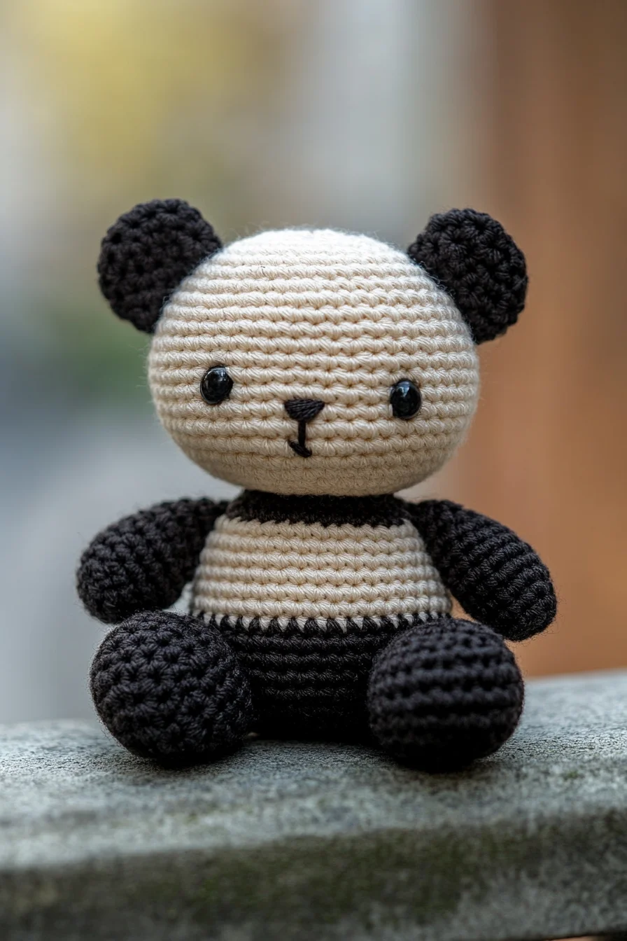 Cute crochet amigurumi panda with black ears and white body, perfect handmade toy pattern for beginners