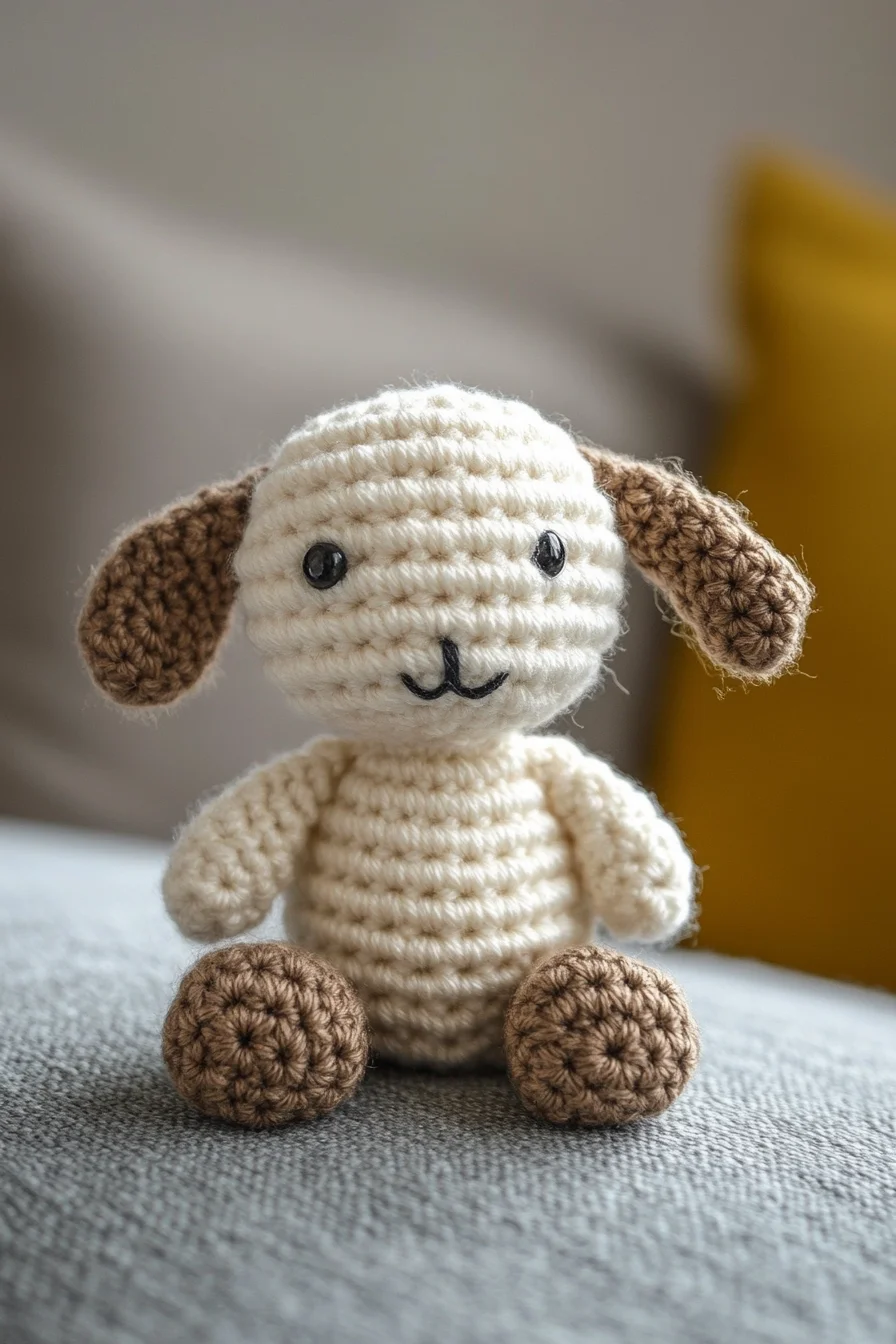 Cute amigurumi crochet puppy in light brown yarn with floppy ears, handmade toy pattern for beginners