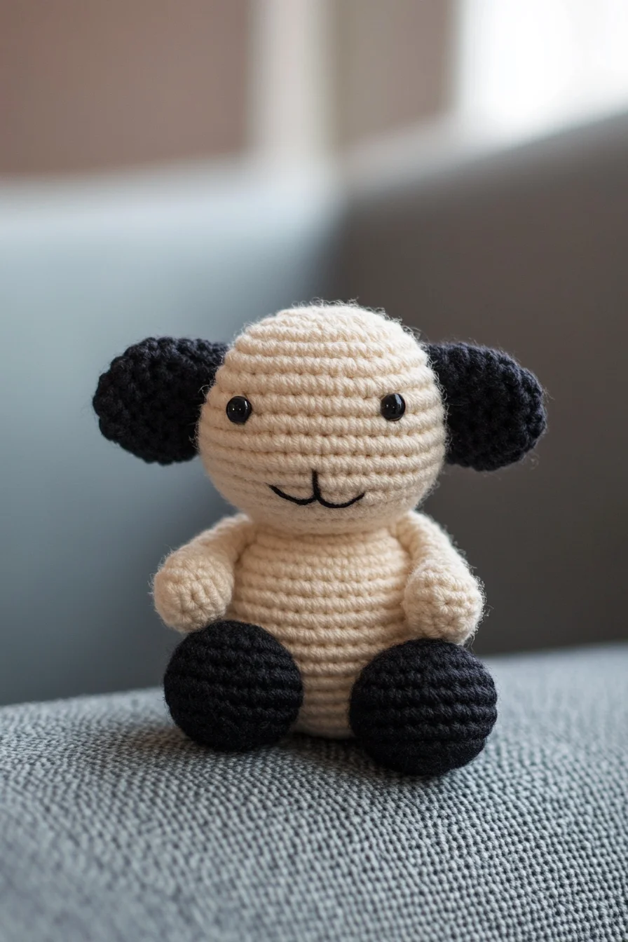 Handmade crochet amigurumi sheep in white and beige yarn, featuring a cute kawaii face, perfect for toy lovers and amigurumi 