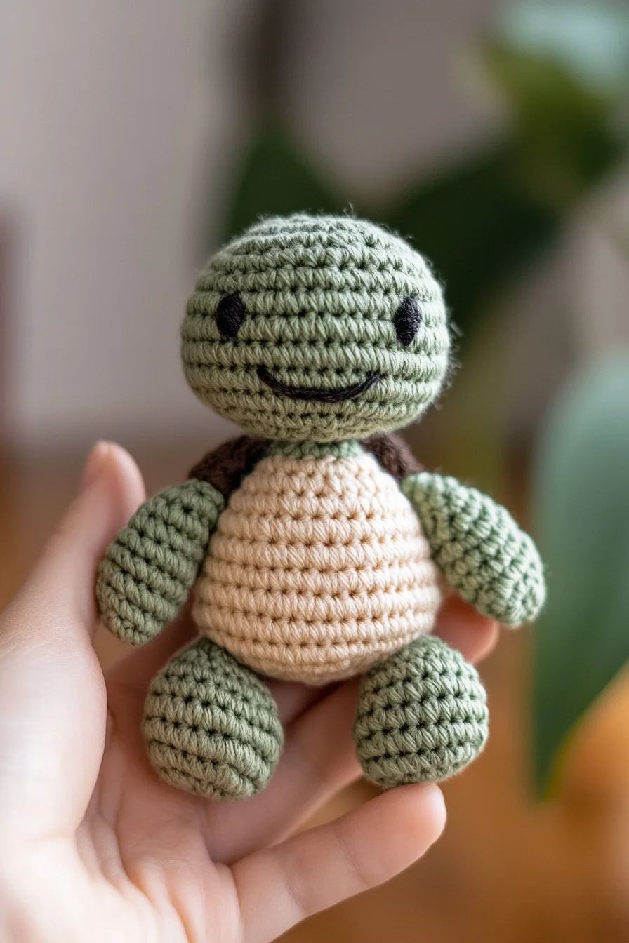 Cute crochet amigurumi turtle in green and beige yarn, handmade toy pattern for beginners, kawaii crochet animal design