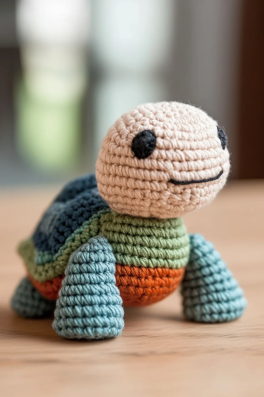 Handmade crochet amigurumi turtle in green and beige yarn, cute kawaii design for amigurumi pattern ideas