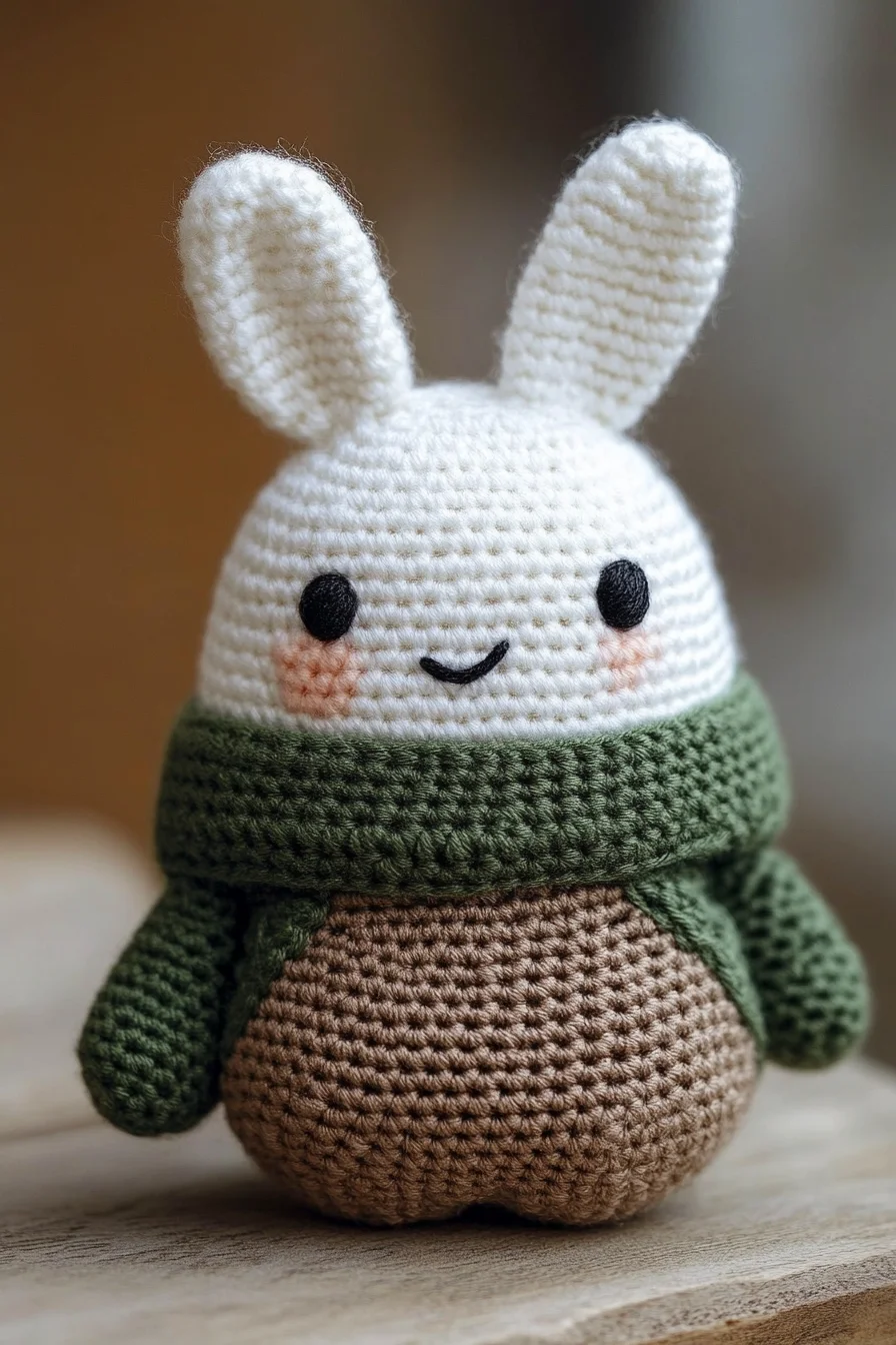 Handmade crochet amigurumi bunny with floppy ears and pink nose, perfect for cute beginner-friendly amigurumi pattern