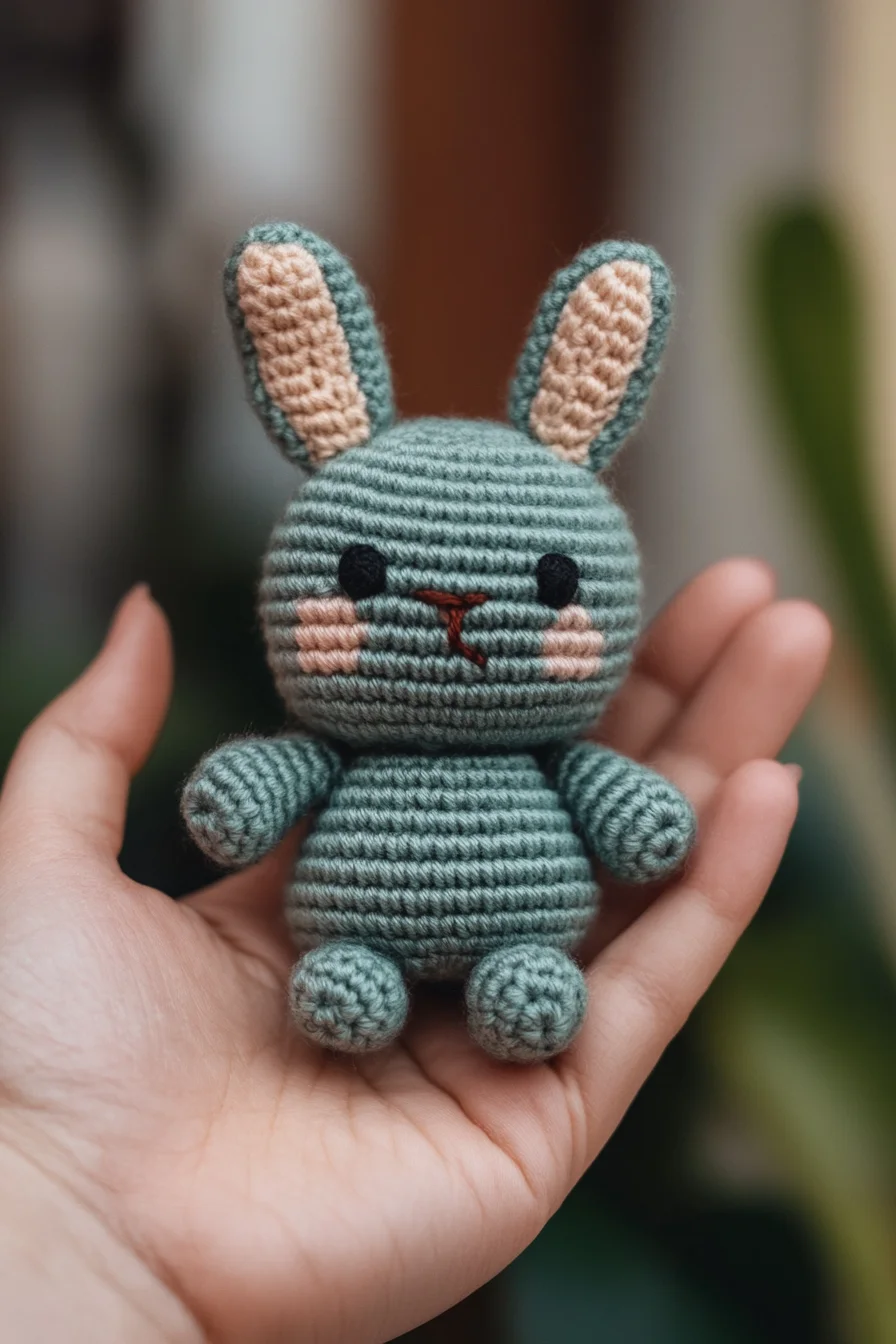 Cute amigurumi crochet bunny with long ears and pink cheeks, handmade toy pattern for kawaii crochet lovers
