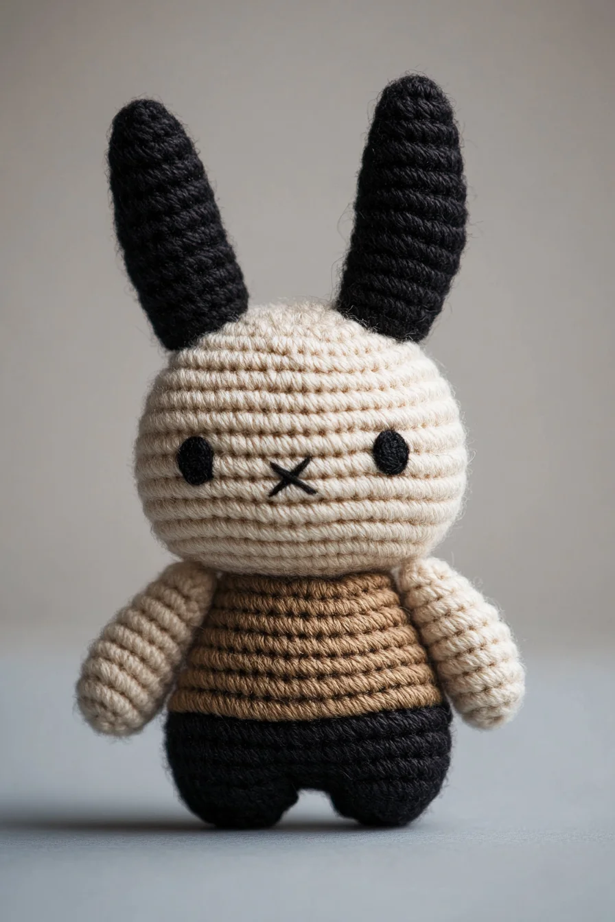 Handmade crochet amigurumi bunny with floppy ears and pink nose, perfect for cute beginner amigurumi pattern