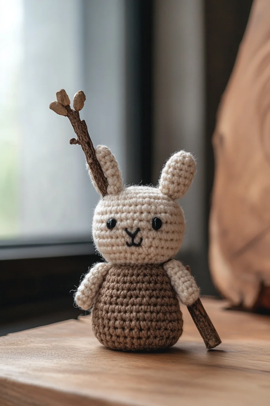 Handmade crochet amigurumi bunny in pastel colors sitting on wood, cute kawaii animal toy pattern
