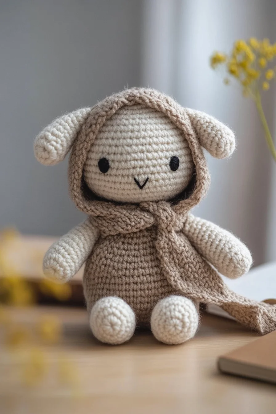 Handmade crochet amigurumi bunny in a cozy hood, featuring soft pastel yarn and cute kawaii design