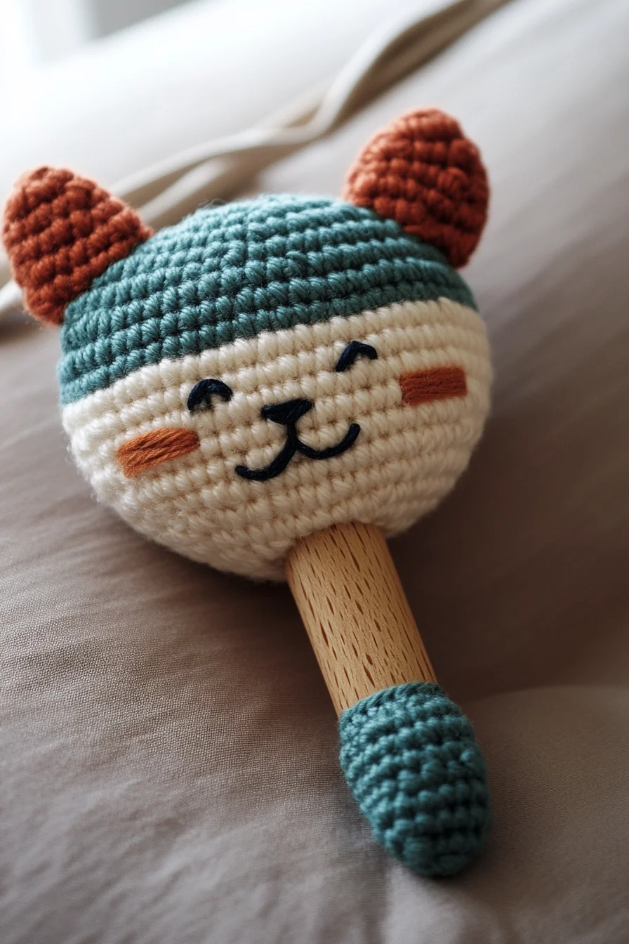 Handmade crochet amigurumi cat rattle in soft gray and white, perfect baby toy and cute amigurumi pattern idea
