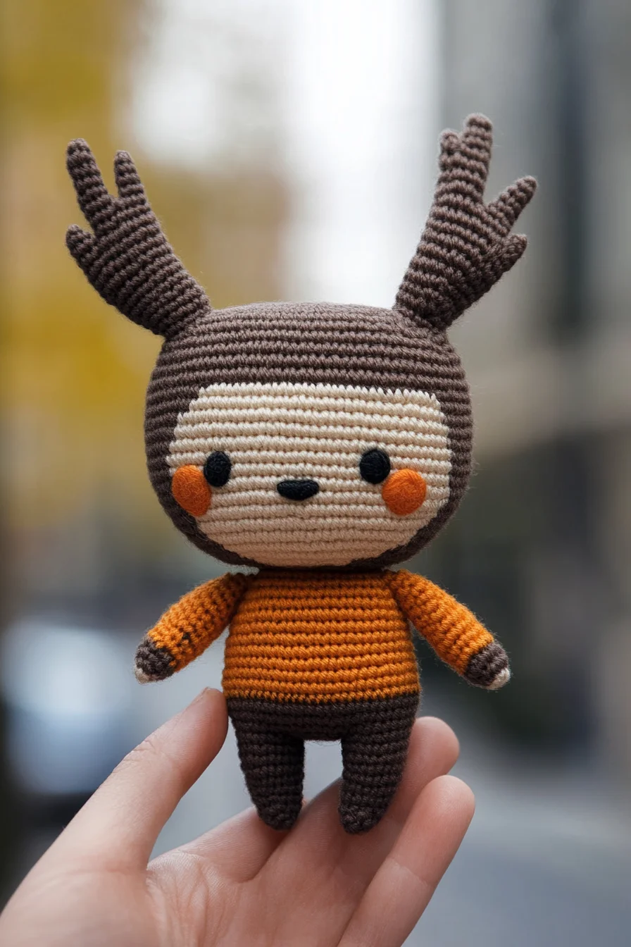 Handmade crochet amigurumi deer in brown and cream yarn with antlers, cute woodland animal toy pattern