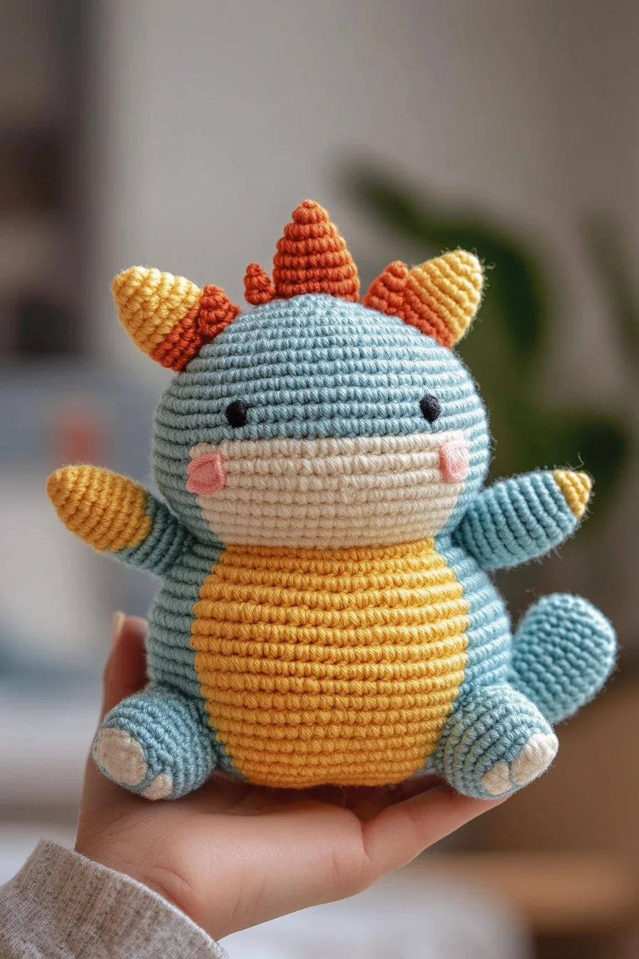 Handmade crochet amigurumi dragon in green and yellow yarn, featuring cute kawaii details and soft wings, perfect for toy pat