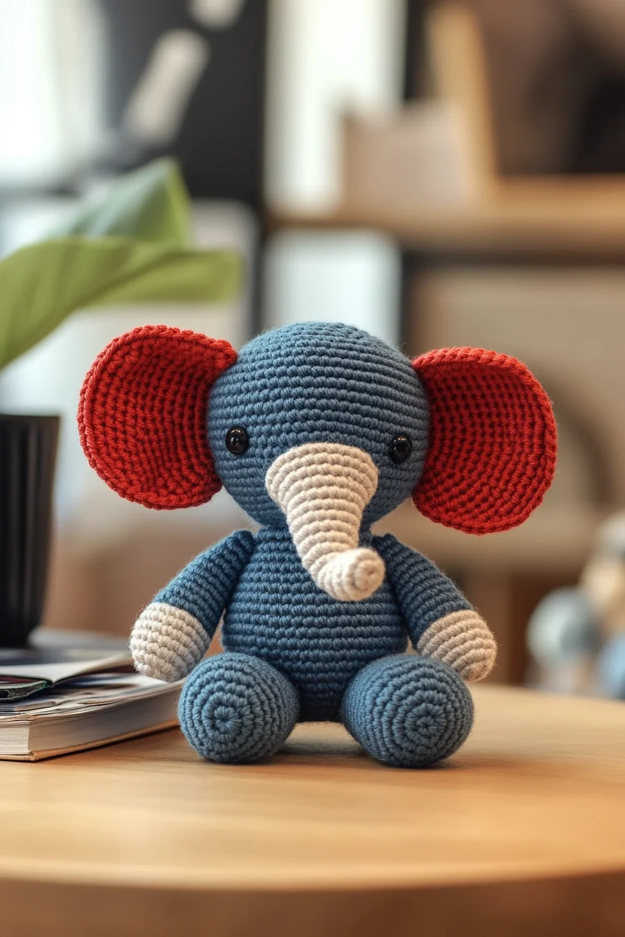 Handmade crochet amigurumi elephant in pastel blue with pink ears, cute toy for amigurumi pattern inspiration