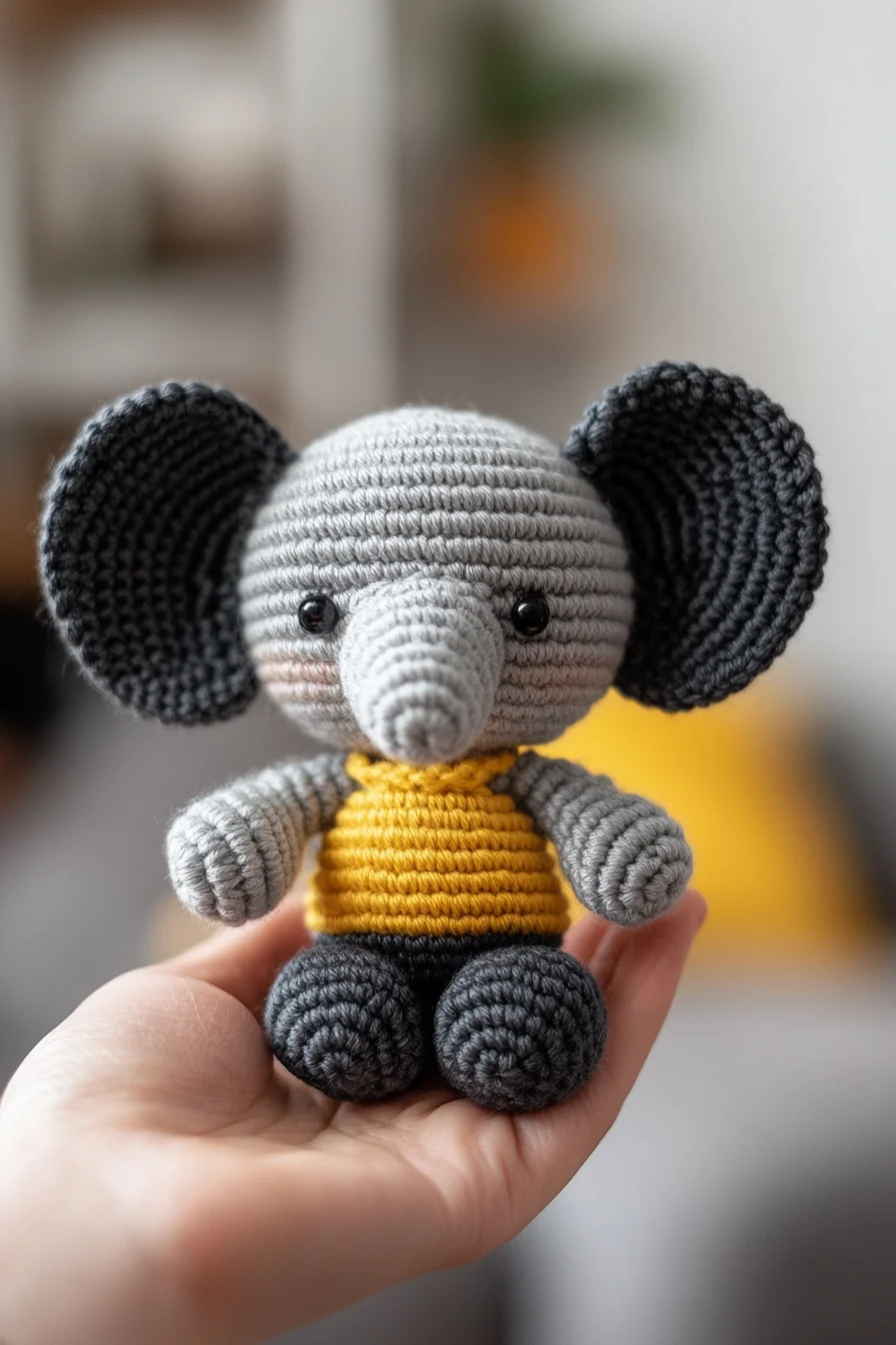 Cute crochet amigurumi elephant handmade in gray yarn with pink ears, perfect for kawaii amigurumi pattern inspiration
