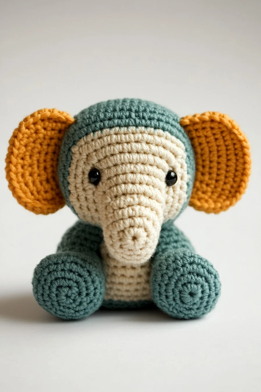 Cute crochet amigurumi elephant in light gray yarn with big ears, handmade toy pattern for crochet animal lovers