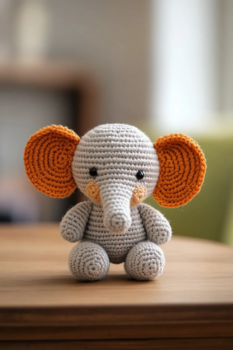 Cute handmade crochet elephant amigurumi in soft grey yarn with pink ears, perfect for kawaii animal toy pattern ideas