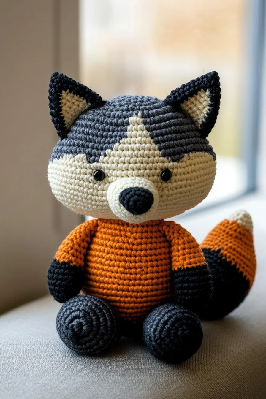 Cute crocheted amigurumi fox in orange and white yarn, handmade toy perfect for woodland animal crochet patterns