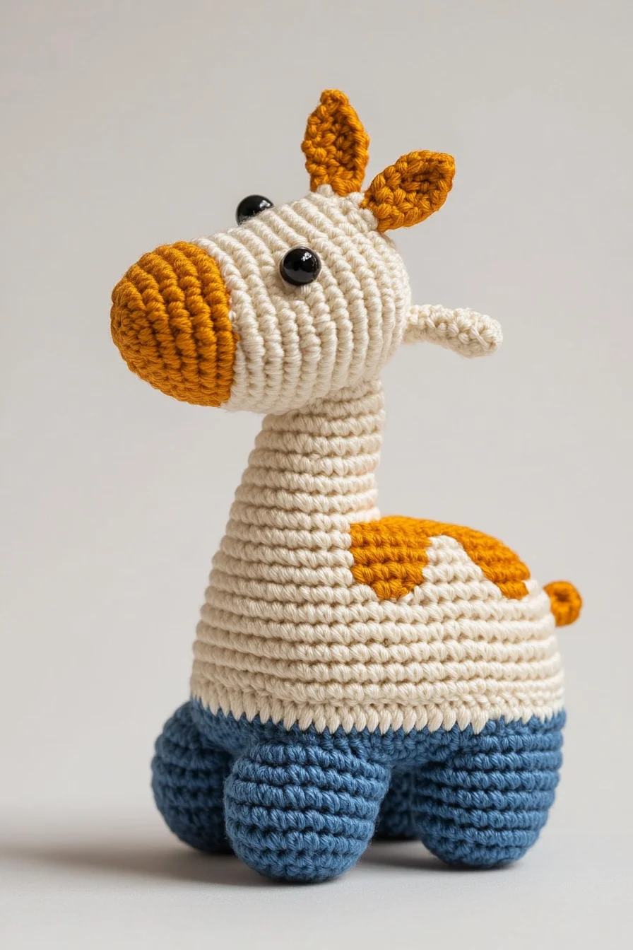 Handmade crochet amigurumi giraffe plush toy in yellow and brown, cute kawaii animal, beginner-friendly pattern