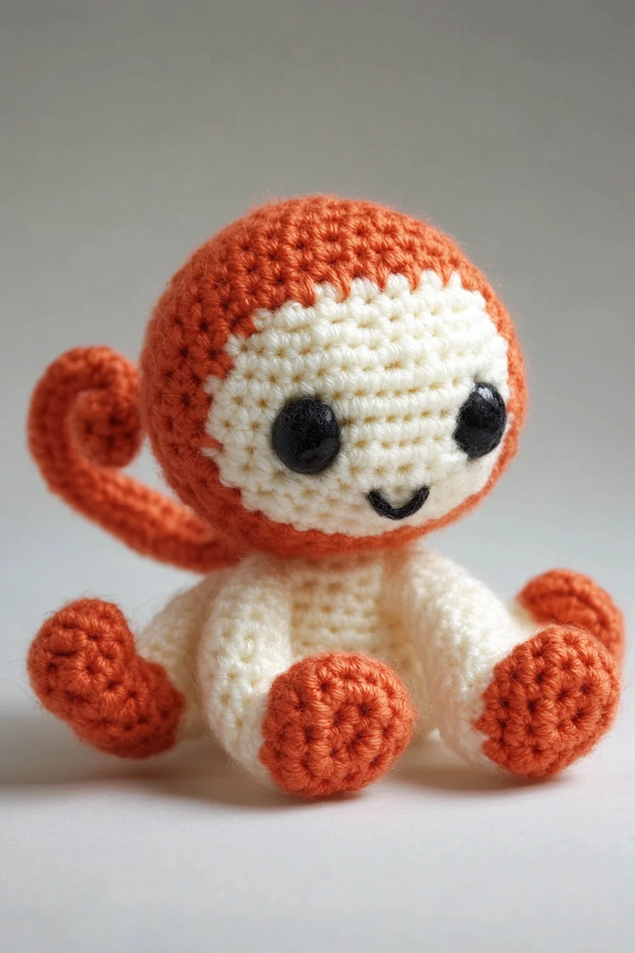 Cute crochet amigurumi monkey with brown body and beige face, handmade toy pattern for beginners