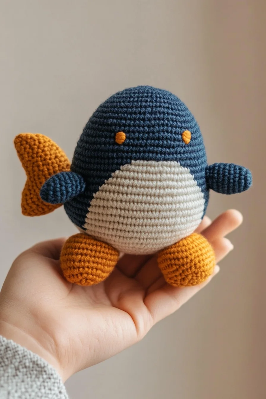 Cute crochet amigurumi penguin with yellow beak and feet, handmade toy for beginner crochet pattern ideas