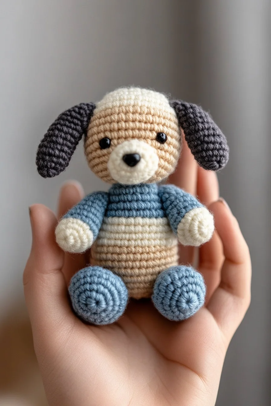 Cute amigurumi crochet puppy with floppy ears and brown spots, handmade toy for beginner pattern ideas