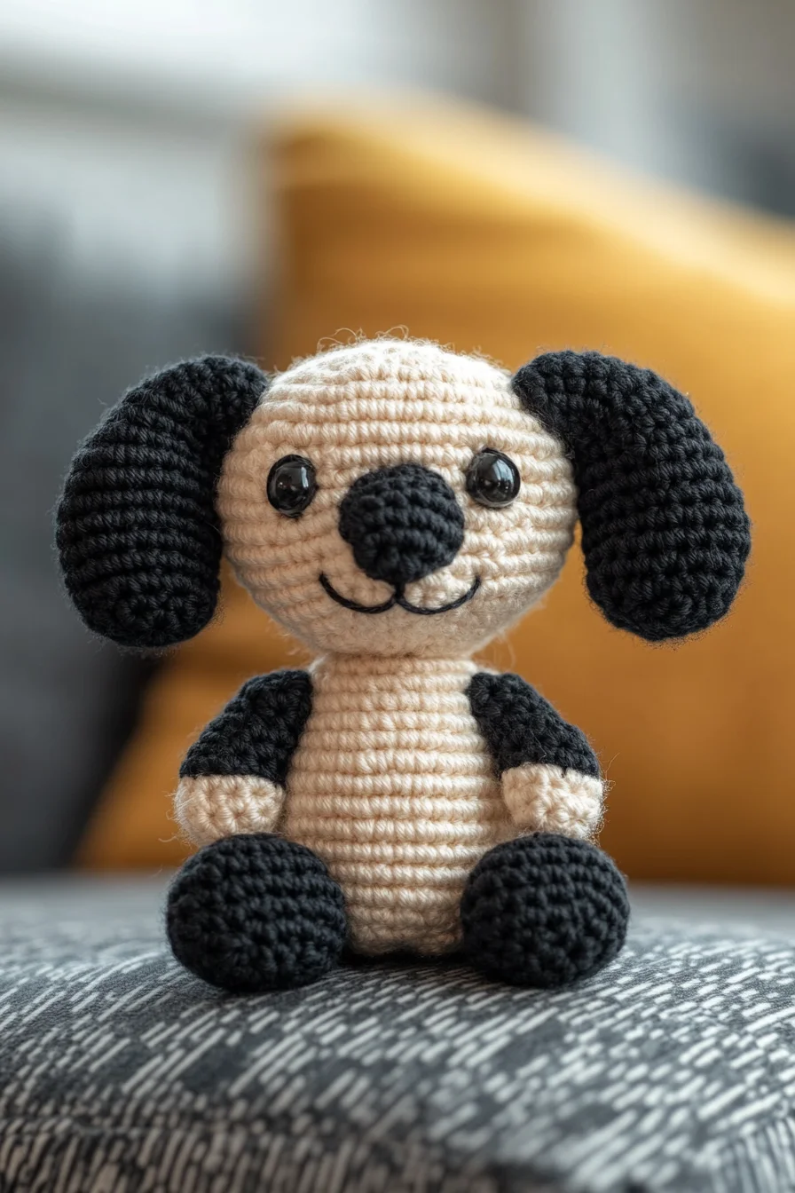 Cute amigurumi crochet puppy with floppy ears and brown spots, handmade toy pattern for crochet animals