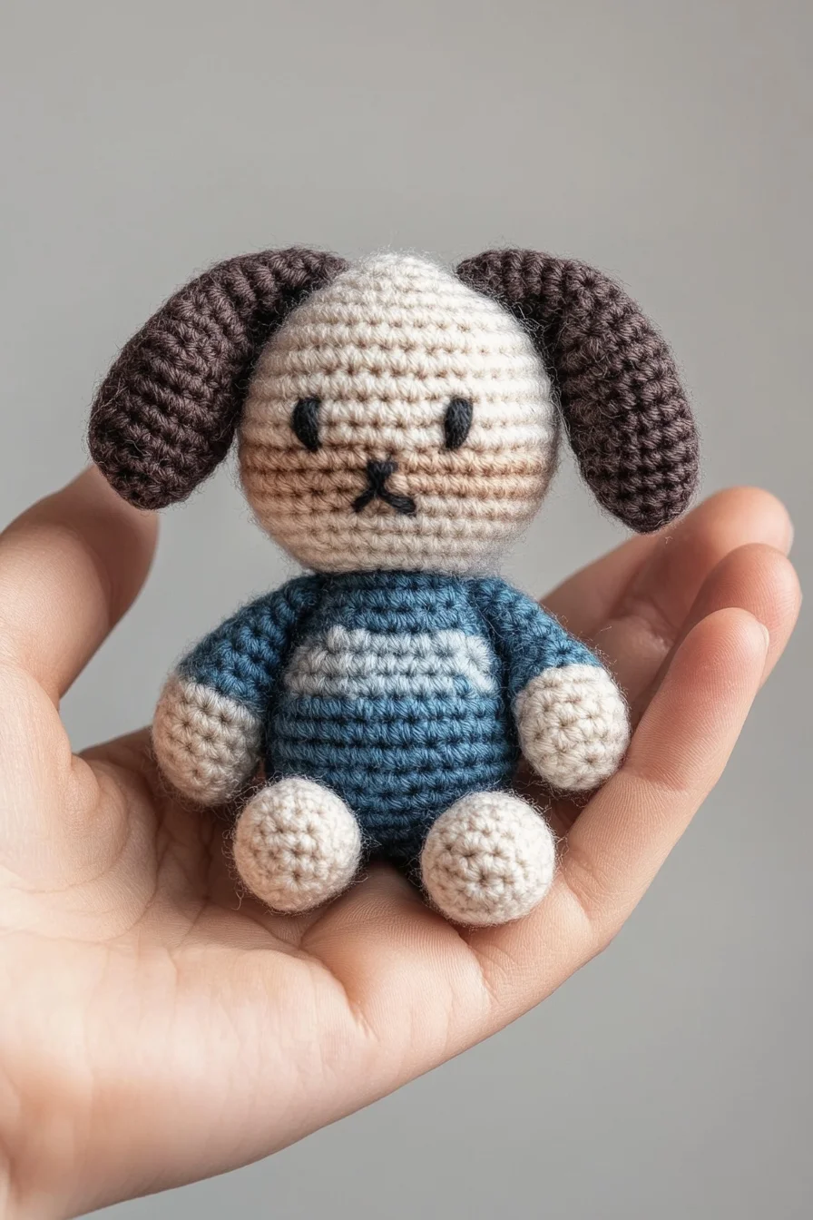 Cute handmade amigurumi crochet puppy in brown and white yarn, finished toy on white background, kawaii crochet animal patter
