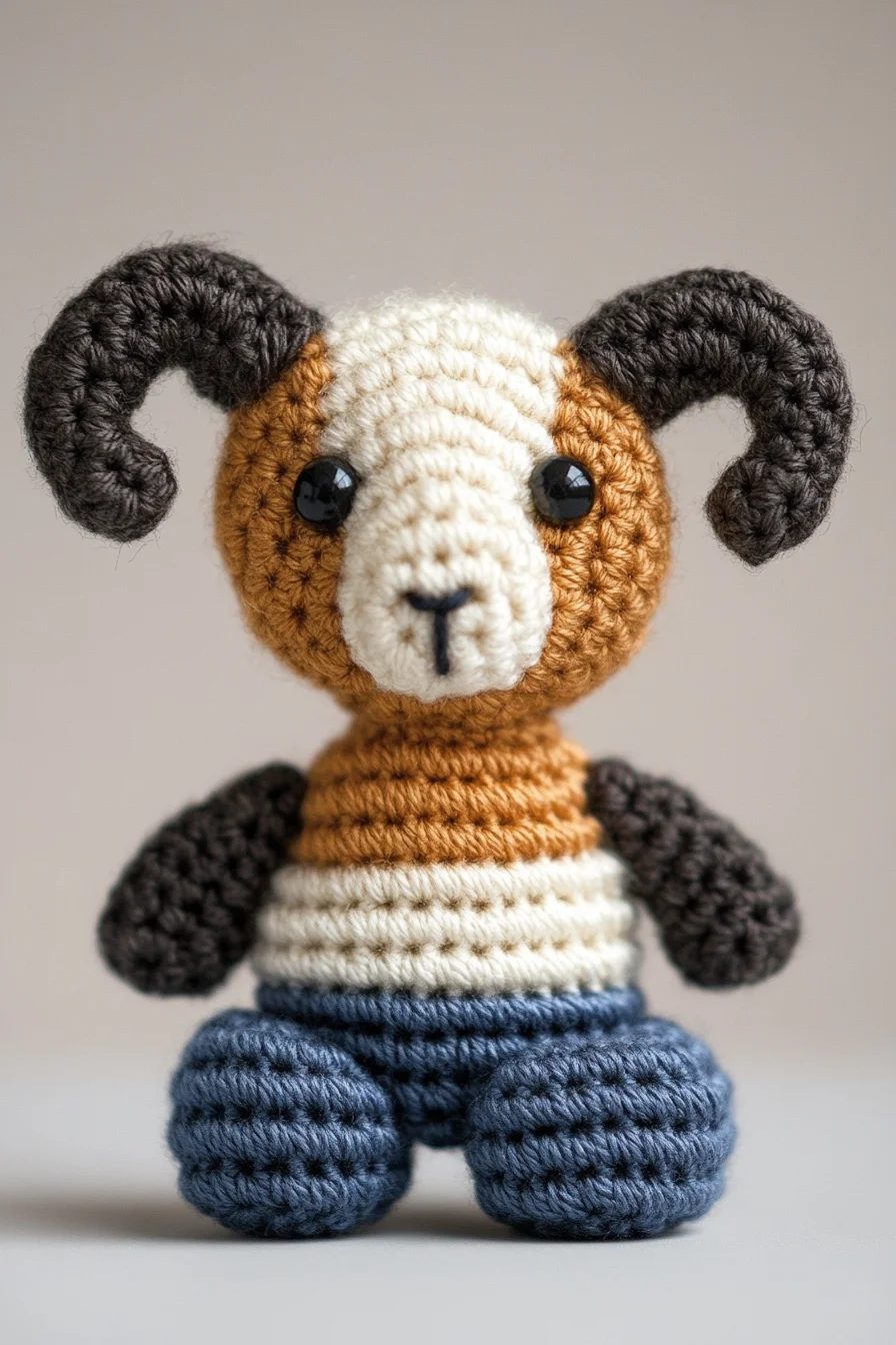 Cute crochet amigurumi ram with curly cream horns and brown body, handmade toy pattern for beginners