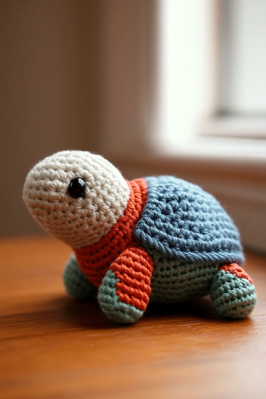 Handmade crochet amigurumi turtle with green shell and beige body, perfect for beginner-friendly crochet patterns