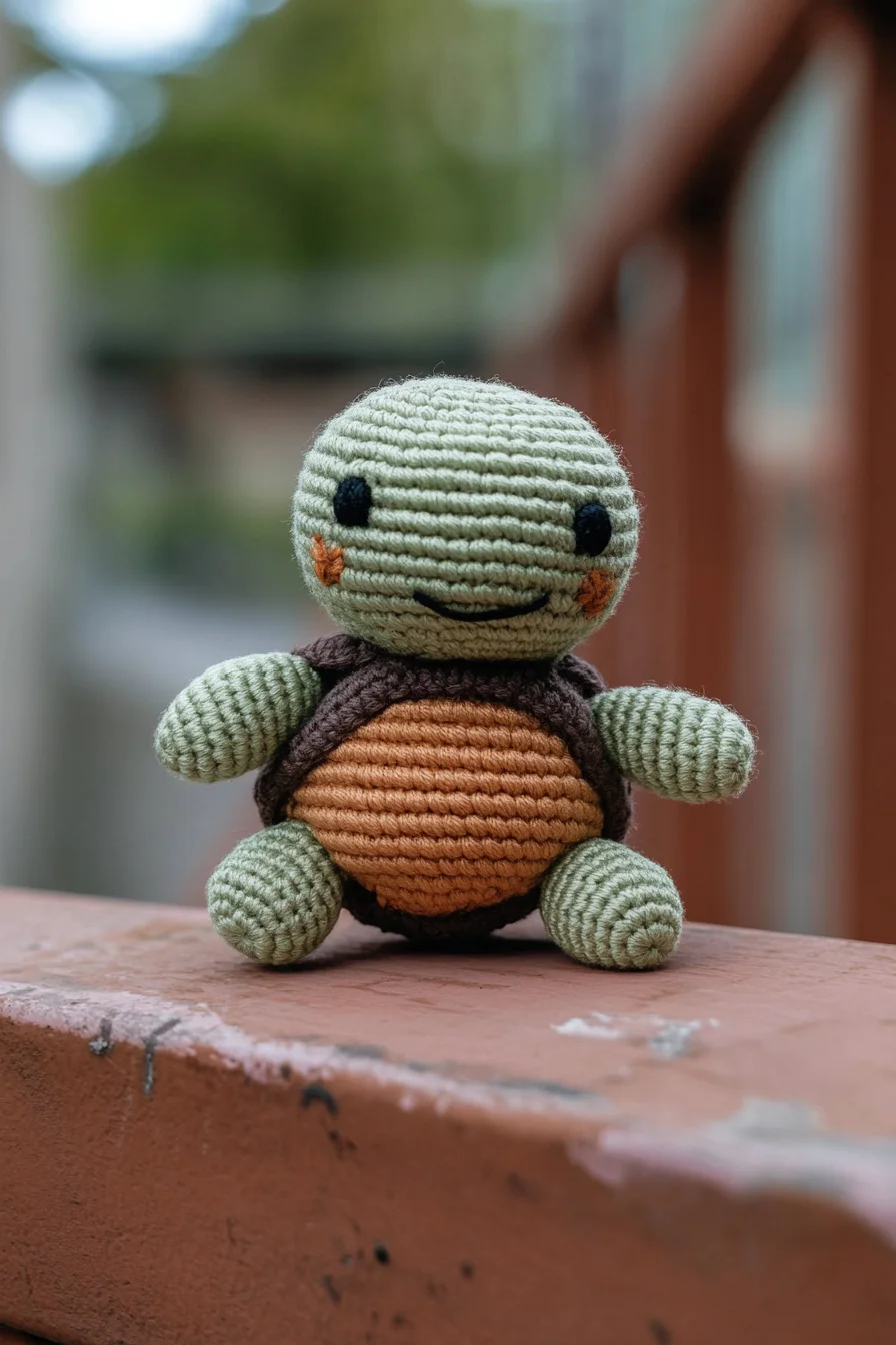Handmade crochet amigurumi turtle in green and beige yarn, featuring a cute smiling face, perfect for amigurumi pattern inspi