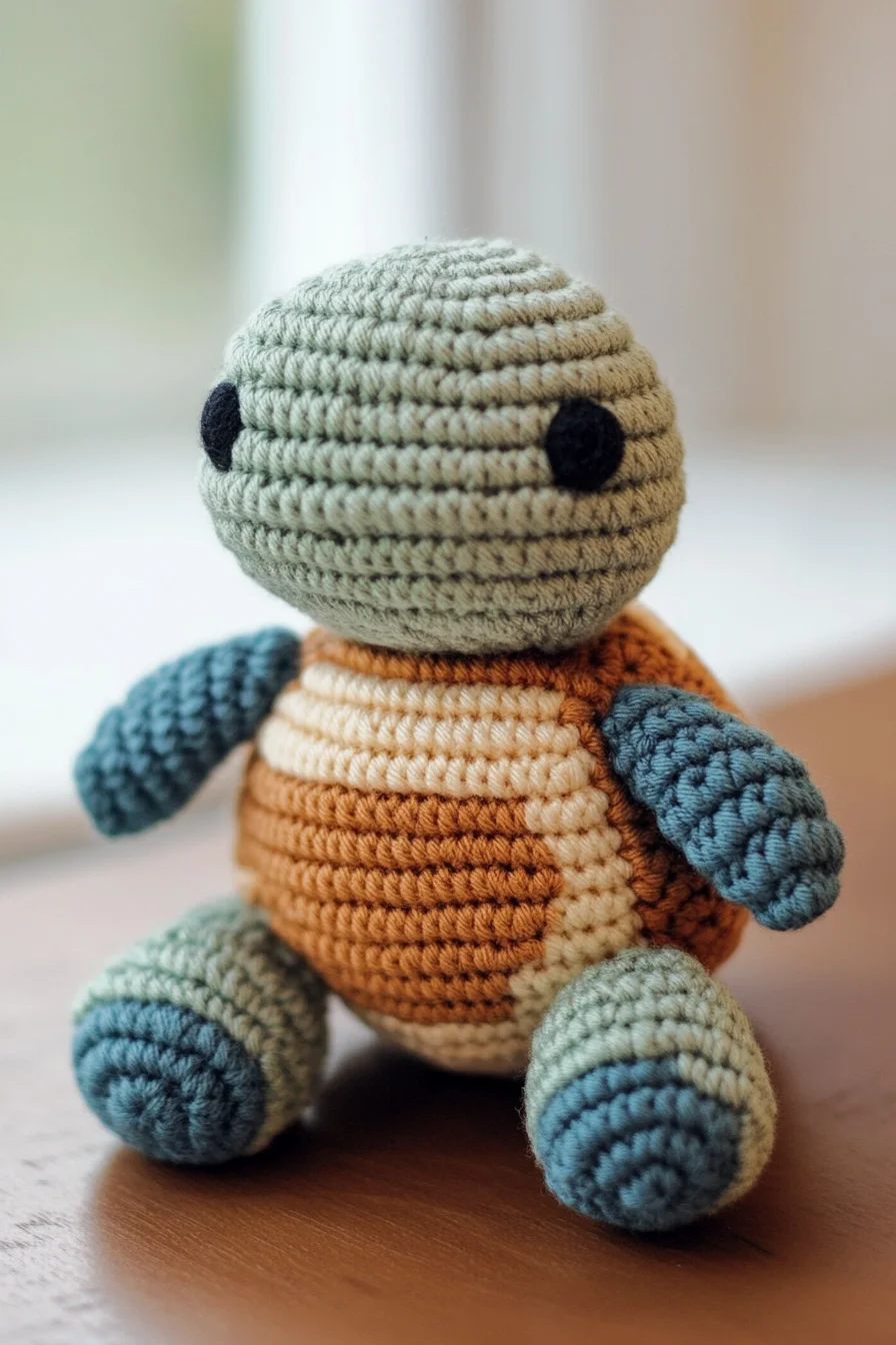 Cute handmade amigurumi crochet turtle in green and beige yarn, perfect for kawaii animal crochet pattern ideas