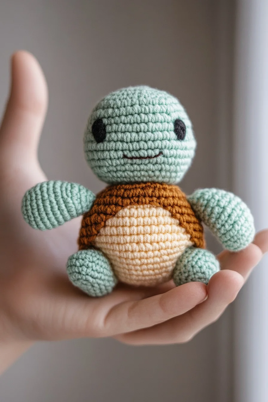 Handmade crochet amigurumi turtle plushie in green and beige, featuring kawaii design and detailed shell, perfect for cute cr