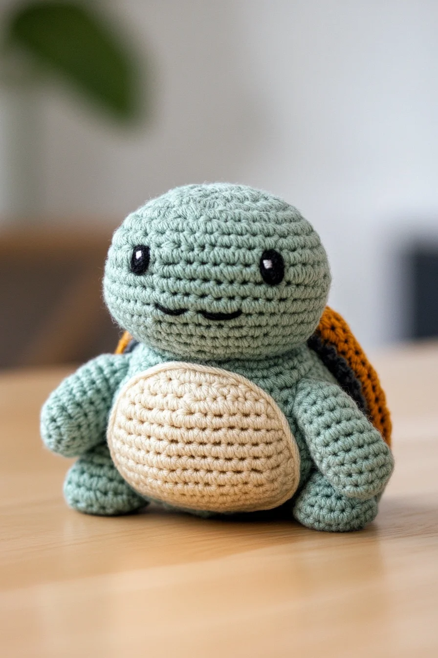 Handmade crochet amigurumi turtle in green and beige yarn, featuring a cute kawaii design, perfect for beginner patterns