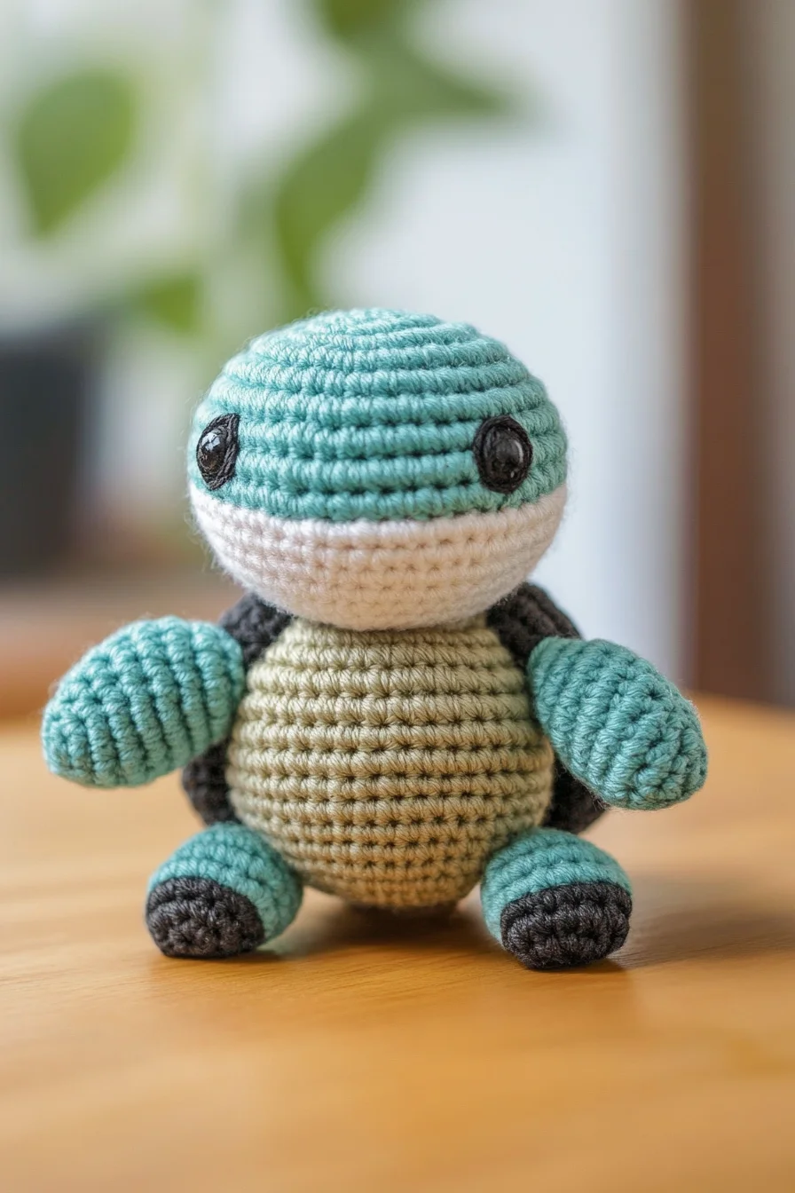 Handmade crochet amigurumi turtle with green shell and cute smiling face, perfect beginner pattern for kawaii crochet animals