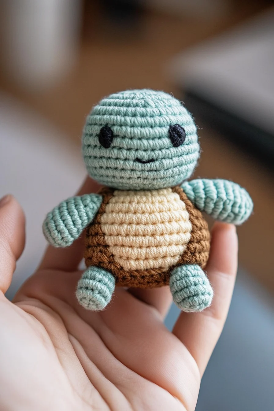 Cute crochet amigurumi turtle in green and beige yarn, handmade toy pattern for kawaii crochet animals