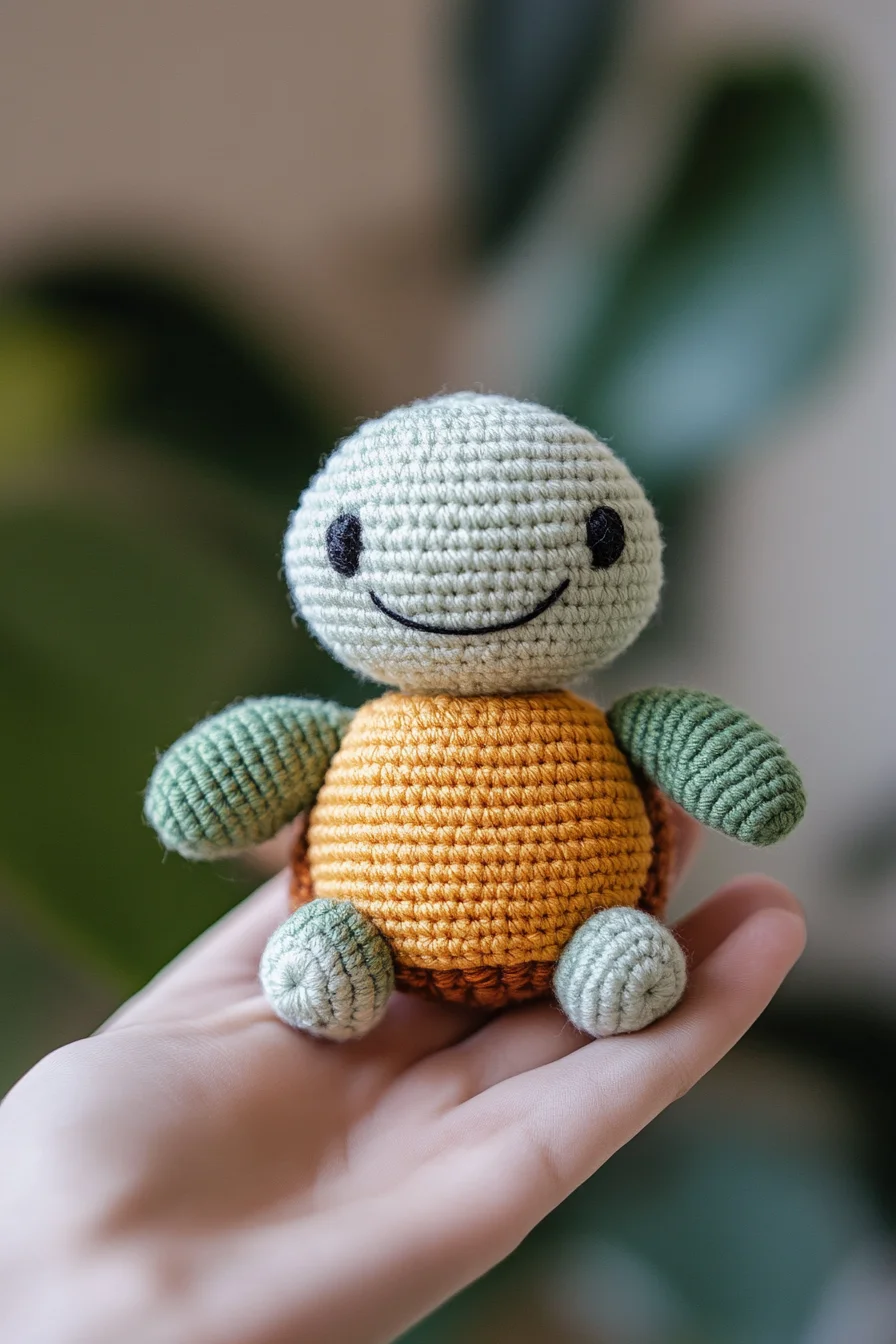 Handmade crochet amigurumi turtle in green and beige yarn, featuring kawaii eyes and cute shell design