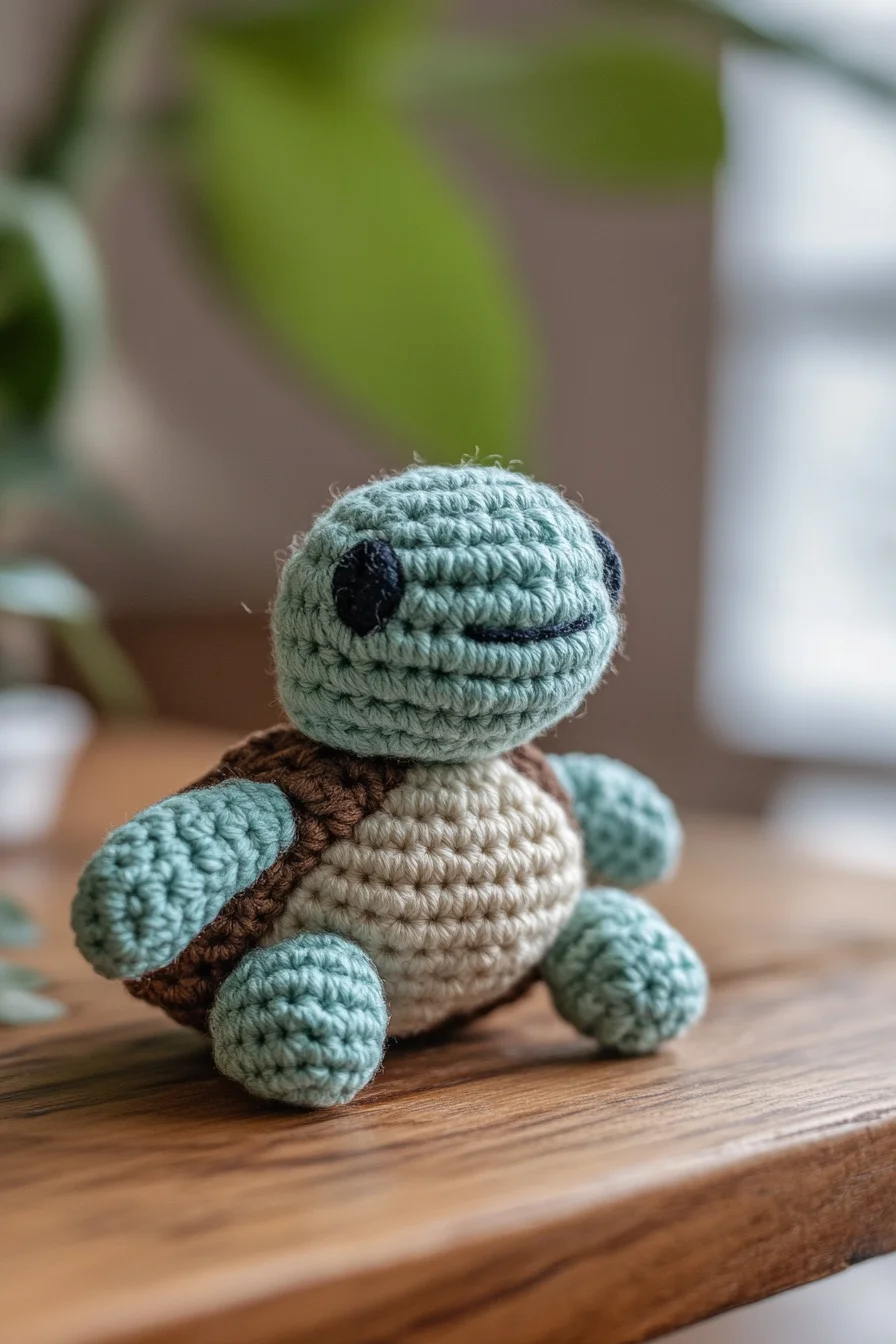 Handmade crochet amigurumi turtle in green and beige yarn, featuring a cute kawaii design, on a white background