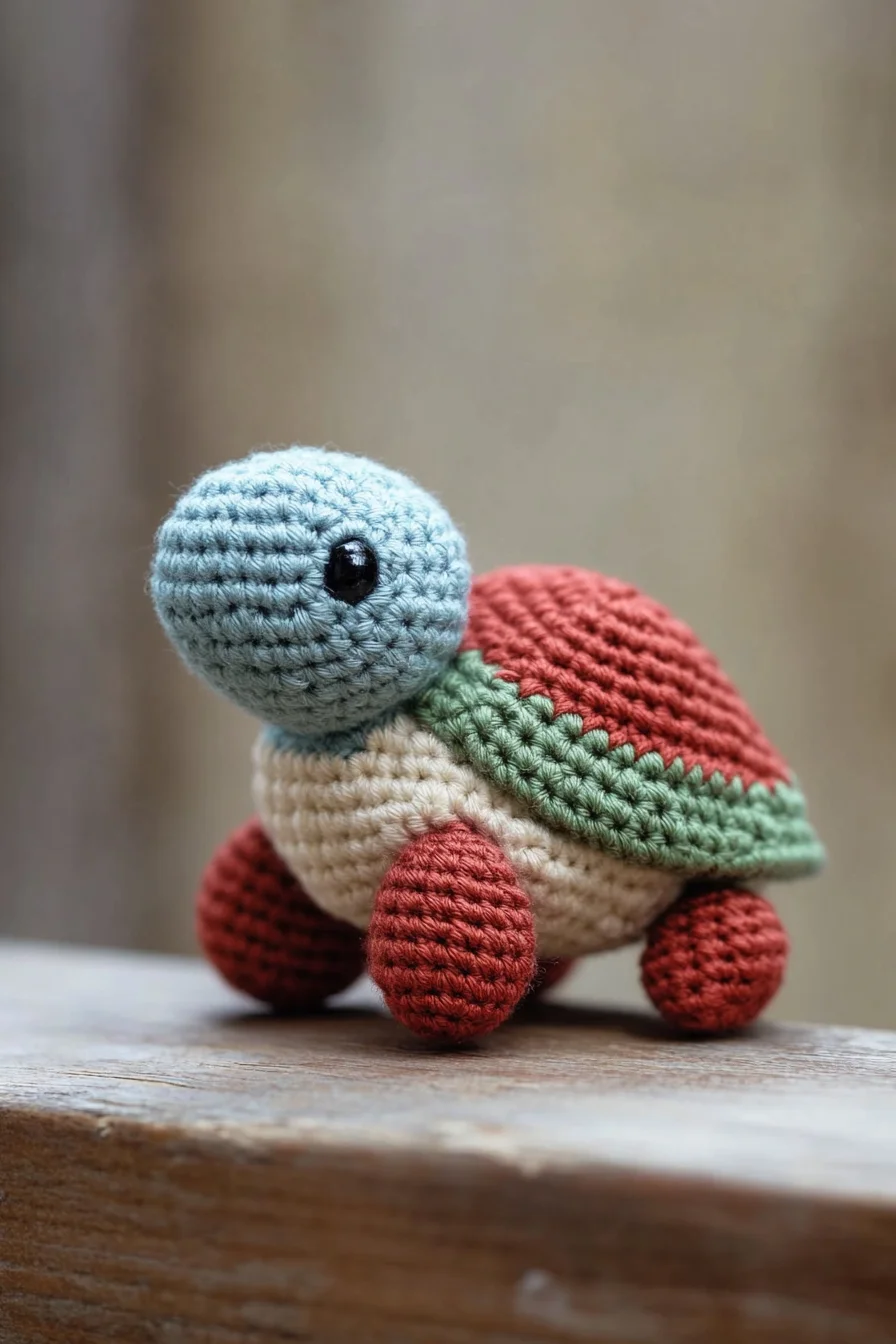 Handmade crochet amigurumi turtle with green shell and beige body, perfect for cute turtle pattern ideas