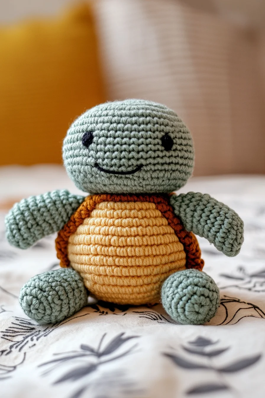 Handmade crochet amigurumi turtle with green shell and beige body, perfect for cute turtle pattern ideas