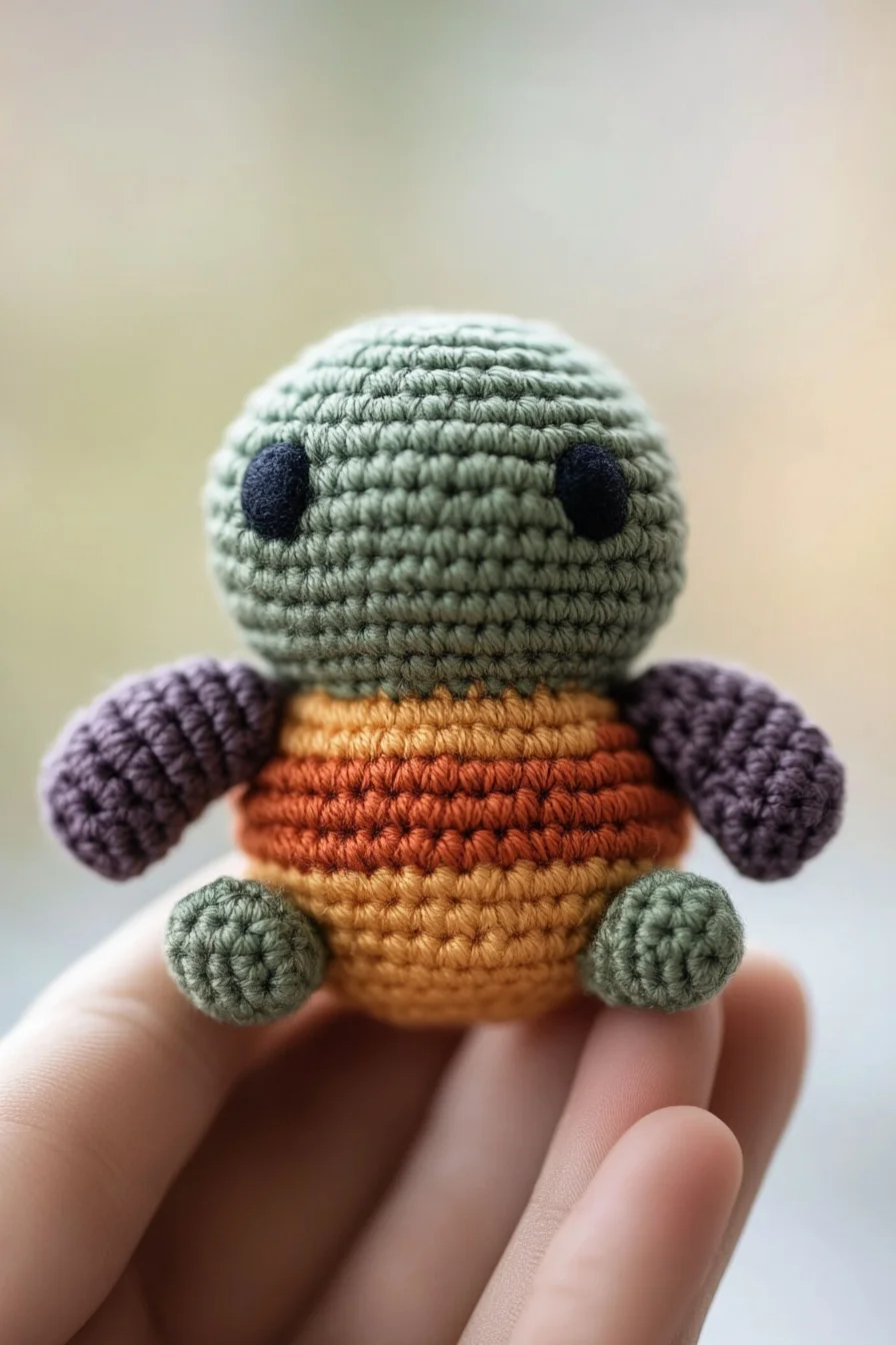 Handmade crochet amigurumi turtle with green shell and beige body, showcasing a cute beginner-friendly amigurumi pattern