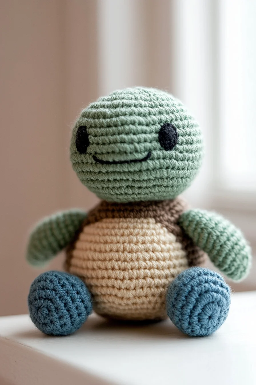 Handmade crochet amigurumi turtle in green and beige yarn, featuring a cute face, perfect for beginner turtle amigurumi patte