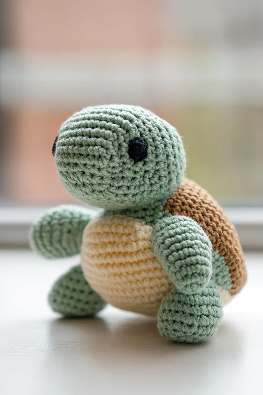 Cute handmade crochet turtle amigurumi in green and beige, perfect for beginners using easy amigurumi pattern